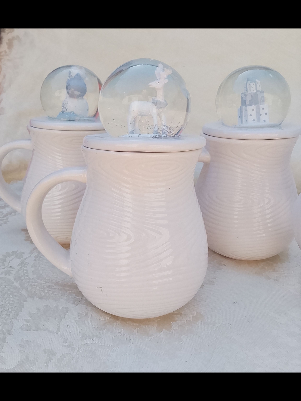 Temp-tations Frosty Forest Snow Globe Mugs Set Of Four White Woodland Embossed